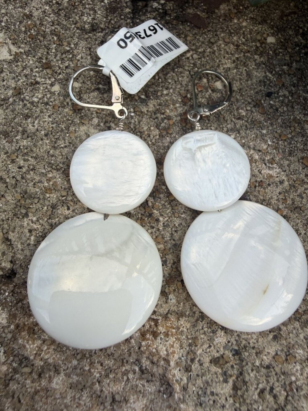 White Mother of Pearl Shell Double Disc Drop Earrings Leverback Statement Dangle